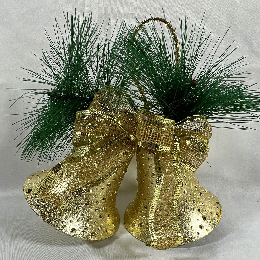 Vintage Gold Double Bumpy Bell Christmas Hanging Bow Pine Needles Greenery